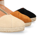 Suede leather woman wedge sandals espadrille shoes with tulip design.