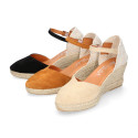 Suede leather woman wedge sandals espadrille shoes with tulip design.