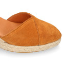 Suede leather woman wedge sandals espadrille shoes with tulip design.