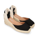 BLACK cotton canvas women wedge sandals espadrille shoes.