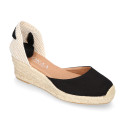 BLACK cotton canvas women wedge sandals espadrille shoes.