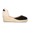 BLACK cotton canvas women wedge sandals espadrille shoes.