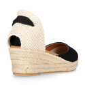 BLACK cotton canvas women wedge sandals espadrille shoes.