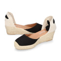 BLACK cotton canvas women wedge sandals espadrille shoes.