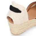 BLACK cotton canvas women wedge sandals espadrille shoes.