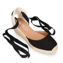 BLACK cotton canvas women wedge sandals espadrille shoes.