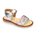 Laminated leather girl sandal shoes with braided design in multicolor.