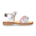 Laminated leather girl sandal shoes with braided design in multicolor.