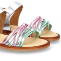 Laminated leather girl sandal shoes with braided design in multicolor.