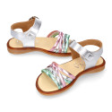 Laminated leather girl sandal shoes with braided design in multicolor.