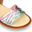 Laminated leather girl sandal shoes with braided design in multicolor.