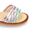 Laminated leather girl sandal shoes with braided design in multicolor.