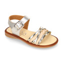 Laminated leather girl sandal shoes with braided design in gold color.