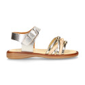 Laminated leather girl sandal shoes with braided design in gold color.