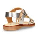 Laminated leather girl sandal shoes with braided design in gold color.