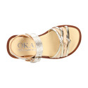 Laminated leather girl sandal shoes with braided design in gold color.