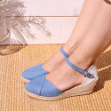 Jeans cotton canvas woman wedge sandals espadrille shoes with tulip design.