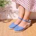 Jeans cotton canvas woman wedge sandals espadrille shoes with tulip design.