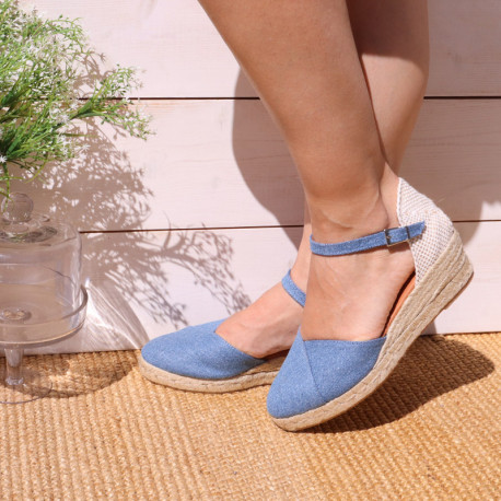 Jeans cotton canvas woman wedge sandals espadrille shoes with tulip design.