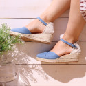 Jeans cotton canvas woman wedge sandals espadrille shoes with tulip design.