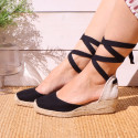 BLACK cotton canvas women wedge sandals espadrille shoes.