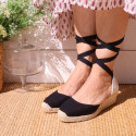 BLACK cotton canvas women wedge sandals espadrille shoes.