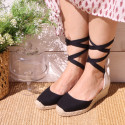 BLACK cotton canvas women wedge sandals espadrille shoes.