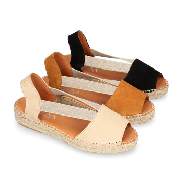 Suede leather woman wedge sandals espadrille shoes with elastic bands.