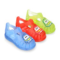 Classic style Kids jelly shoes with hook and loop strap closure and CAR design.