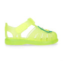 Classic style Kids jelly shoes with hook and loop strap closure and CAR design.