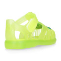 Classic style Kids jelly shoes with hook and loop strap closure and CAR design.