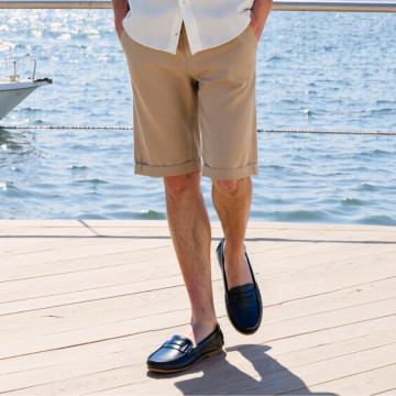 Classic navy blue leather kids loafer shoes with detail mask.