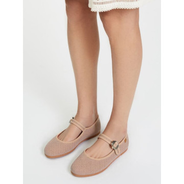Girl's Mary Jane with Japanese-style buckle in LINEN canvas in NUDE color.