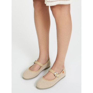 Girl's Mary Jane with Japanese-style buckle in LINEN canvas in NATURAL color.