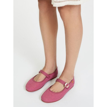 Girl's Mary Jane with Japanese-style buckle in LINEN canvas in PLUM color.