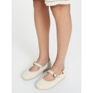 Girl's Mary Jane with Japanese-style buckle in LINEN canvas in IVORY color.