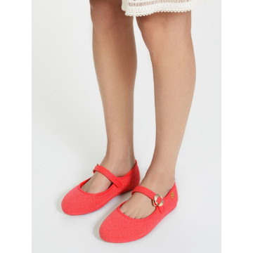 Girl's Mary Jane with Japanese-style buckle in LINEN canvas in coral color.