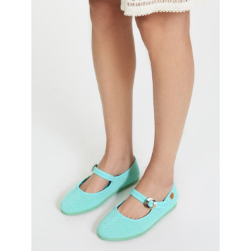 Girl's Mary Jane with Japanese-style buckle in LINEN canvas in aqua green color.