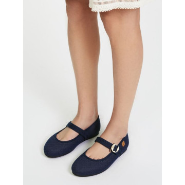 Girl's Mary Jane with Japanese-style buckle in LINEN canvas in BLUE color.