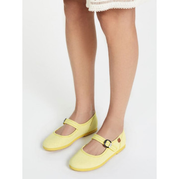Girl's Mary Jane with Japanese-style buckle in COTTON canvas in LEMON color.