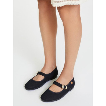 Girl's Mary Jane with Japanese-style buckle in COTTON canvas in BLACK color.