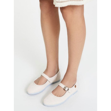 Girl's Mary Jane with Japanese-style buckle in COTTON canvas in WHITE color.