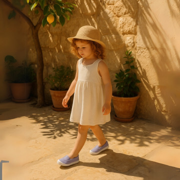 Cotton canvas kids Bamba type shoes with central elastic band and toe cap.