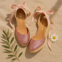 Pink Glitter Woman wedge espadrilles shoes with ribbons closure.