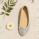 Laminated Soft suede leather girl ballet flats with adjustable ribbon.