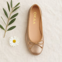 Laminated Soft suede leather girl ballet flats with adjustable ribbon.