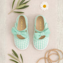 MINT VICHY Cotton canvas Little Mary Janes with hook and loop strap and bow.