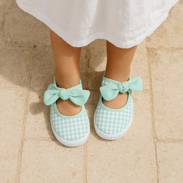 MINT VICHY Cotton canvas Little Mary Janes with hook and loop strap and bow.