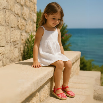RED VICHY Cotton Canvas Girl espadrille shoes with buckle fastening.