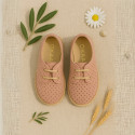 Suede leather Laces up style espadrille shoes with perforated design.